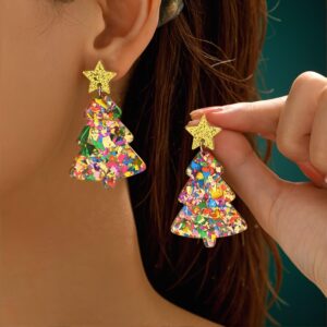 Festive Christmas Tree Earrings – Colorful Acrylic, Stainless Steel Posts, Ideal Holiday Gift for Women, Sparkling Star Topper, Playful Design, Holiday Earrings