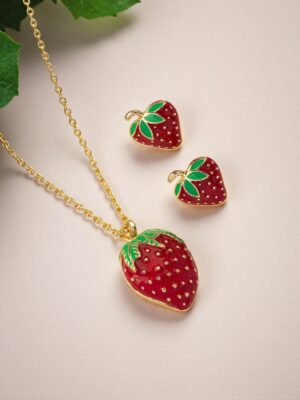 Cute Sweet Strawberry Pendant Necklace And Stud Earrings Set – Sweet Jewelry Set For Women, Parties And Daily Wear