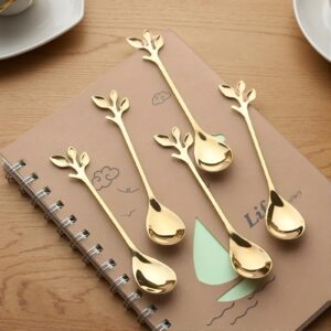 6 Pcs Creative Stainless Steel Gold Tree Leaf Spoons – Personality Coffee Tea Dessert Cutlery Set