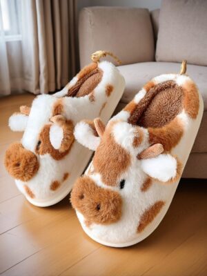 Women’s Cow Spotted Plush Slippers – Indoor Home Warm Cozy Fluffy Slippers