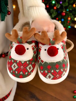 Women's Cute Christmas Deer House Slippers – Thermal Plush Lining, Random Print Indoor Outdoor Furry Slippers For Autumn/Winter