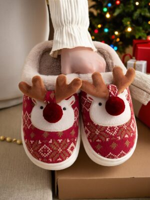 Women's Cute Christmas Reindeer Slippers – Thick Bottom, Warm Indoor & Outdoor, Fluffy House Slippers With Random Print, Autumn/Winter