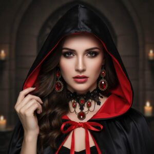 Woman Vampire Costume with Necklace and Earrings – Double-Sided Black And Red Cape With Hat, Role Playing Adult Halloween Dress Up Festival Outfit