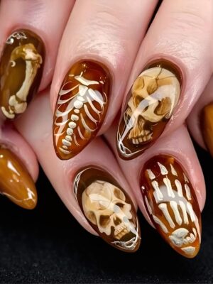 24 Pcs Halloween Almond Nail Art – Scary Halloween Night White Skeleton Designs For Holiday Manicure