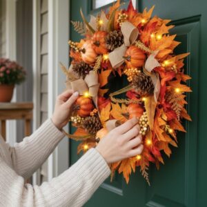 20 Inch Fall Lighted Wreath With Orange Pumpkins – Front Door Outside Decorations With Lights, Silk Leaves Bows, Autumn Thanksgiving Decor