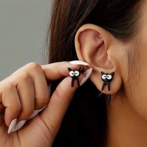 2 Pcs Chic Black Cat Earrings – Whimsical Cartoon Animal Design, Stainless Steel & Zinc Alloy, Unique Gift Jewelry, Cat Accessories