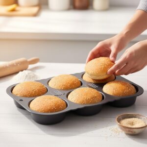 6 Cup Silicone Hamburger Bun Mold – Big Baking Pan for Homemade Hamburger Buns, Dishwasher Safe