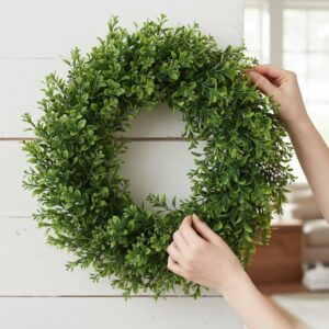 Artificial Eucalyptus Front Door Wreath – Green Leaves Year Round Display, Lifelike Fake, Thick Wreath Base