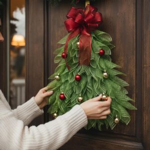 Large Handmade Christmas Tree Wreath – Classic Green & Red Bow with Golden Ornaments, Pre-Assembled Front Door Decoration for Xmas, Durable & Easy Setup