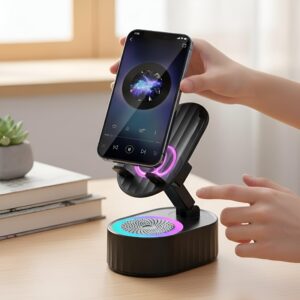 4-in-1 Phone Stand With Induction Speaker – 2025 Smart Atmosphere Light 360 Degree Rotating Bracket Holders