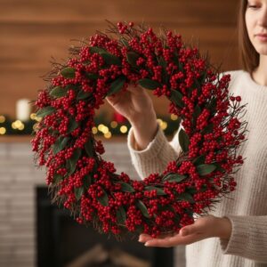 18.9" Christmas Wreath With Red Berries – Realistic Holiday Door Hanging Decoration, No Maintenance Needed, Festive Doorway Decoration, Traditional Design