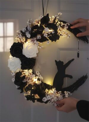 14in Halloween Moon cat design Lighted Wreaths – Moon Cat light Wreath Garland For Front Door, Black Branch Halloween Wreath Signs, Gothic Wreath Decorations