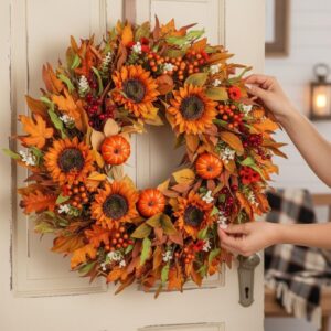 24" Fall Wreath For Front Door – Autumn Wreath With Pumpkins, Sunflowers, Daisies, Berries, Thanksgiving Harvest Decor, Farmhouse Outdoor Halloween Large Wreaths