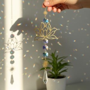 Metal Lotusand Crystal Suncatcher Charm – Handmade Wind Chime Pendant for Outdoor Garden Decoration