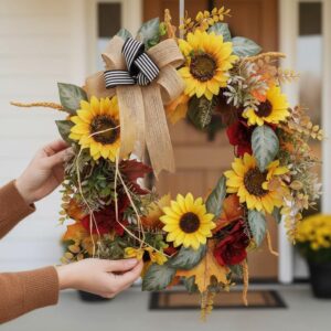18 Inch Fall Wreath With Sunflowers – Autumn Wreath For Harvest Thanksgiving, Front Door Wreath For Farmhouse Outdoor Home Decor