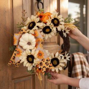 Artificial White Pumpkin Wreath – Fall Wreath With White Sunflower And Leaves For Autumn Harvest Décor