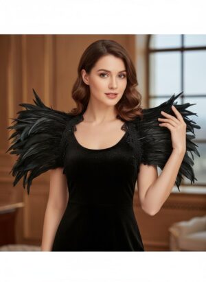 Women's Gothic Black Feather Maleficent Raven Witch Costume – Vampire Diaries TV Show Inspired, One-Shoulder/Off-the-Shoulder Neckline, Solid Black with Lace Trim, Structured Fit, Iconic Maleficent Wings Effect for Halloween.
