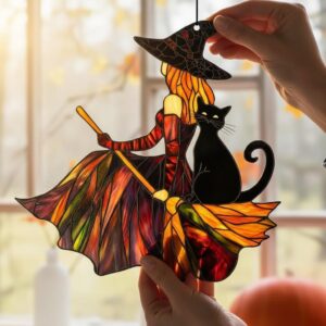 Gothic Acrylic Witch & Black Cat Suncatcher – Halloween Window Decoration, Broom Witch Hanging Ornament for Home & Party
