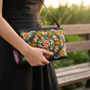 3-Layer Large Capacity Floral Embroidery Crossbody Bag – Lightweight Purse with Adjustable Strap, Holds Umbrella & Water Bottles for Casual & Professional Use (Purple/Red/Green/Blue/Black)