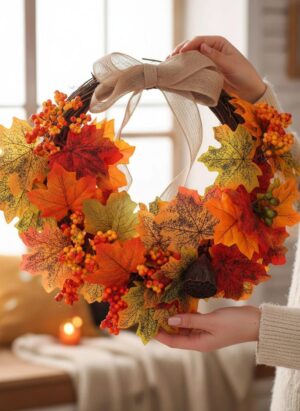 18 Inch Artificial Maple Leaf Wreath – Autumn Color Vine Wreath, Wall Decor For Thanksgiving, PVC Material, Outdoor Garden Decoration