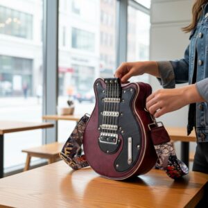 Women's & Unisex Guitar Bag – Electric Guitar Design With Burgundy Accents, Crossbody/Shoulder Bag, Zipper Closure, Machine Washable, Retro Rocker Everyday Purse, Concert Essentials, Steampunk Aesthetic, Highquality Finish, Statement Piece, Festival Goers