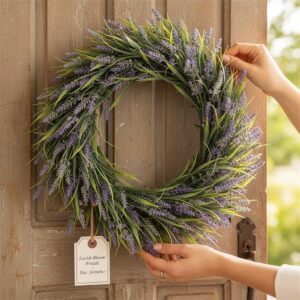 Artificial Lavender Wreath – Suitable For Front Door, Farmhouse Wreath, Party Wedding Decor, Indoor Or Outdoor, Fake Flower Wreath, Artificial Plant Home Decor Accessories