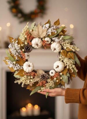 18 Inch Fall Pumpkin Wreath – For Front Door Autumn Harvest Thanksgiving Decor