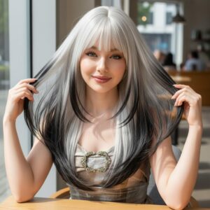 24in Ombre Black Silvery Wig – Long Layered Straight Wig With Bangs, Natural Looking Synthetic Fiber For Music Festival Party Goth Cosplay Use