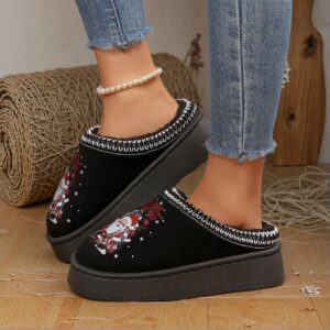 Elegant Christmas Black Women Home Slippers Cozy Furry Lined Short Ankle Boots for Indoor and Outdoor Use, Perfect for Autumn and Winter Seasons. Cute, Fancy, Aesthetic, Stylish, Fashionable, Trendy Flat Slippers For Women.