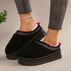 Elegant Black Women Home Slippers Cozy Fleece Lined Slip-On Indoor Outdoor Snow Boots, Cute, Fancy, Aesthetic, Stylish, Fashionable, Trendy Flat Slippers For Women