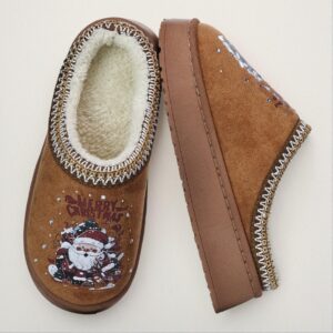 Elegant Christmas Brown Women Home Slippers Comfy Furry Lined Ankle Boots for Indoor and Outdoor Use, Cute, Fancy, Aesthetic, Stylish, Fashionable, Trendy Flat Slippers For Women