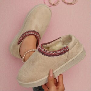 Elegant Khaki Women Home Slippers Cozy Faux Winter Mini Boots with Fuzzy Cotton Lining, Cute, Fancy, Aesthetic, Stylish, Fashionable, Trendy Flat Slippers For Women