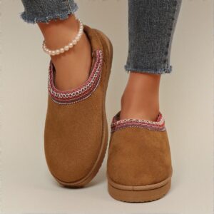 Elegant Brown Women Home Slippers Cozy Platform Mini Boots Faux Warm House Shoes for Fall and Winter, Cute, Fancy, Aesthetic, Stylish, Fashionable, Trendy Flat Slippers For Women